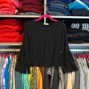 Pebble and Stone black Swiss dot lined tiered sleeve top size S